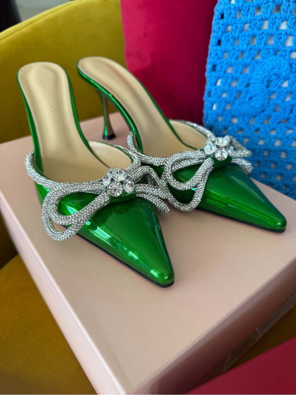 MACH & MACH Green Heels with Silver Embellished Bow